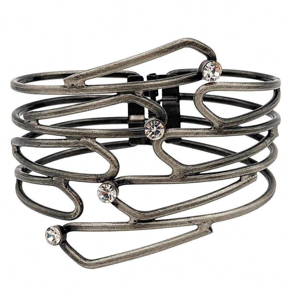 Gunmetal Gray Modernist Openwork Rhinestone Hinged Cuff Bracelet Statement
